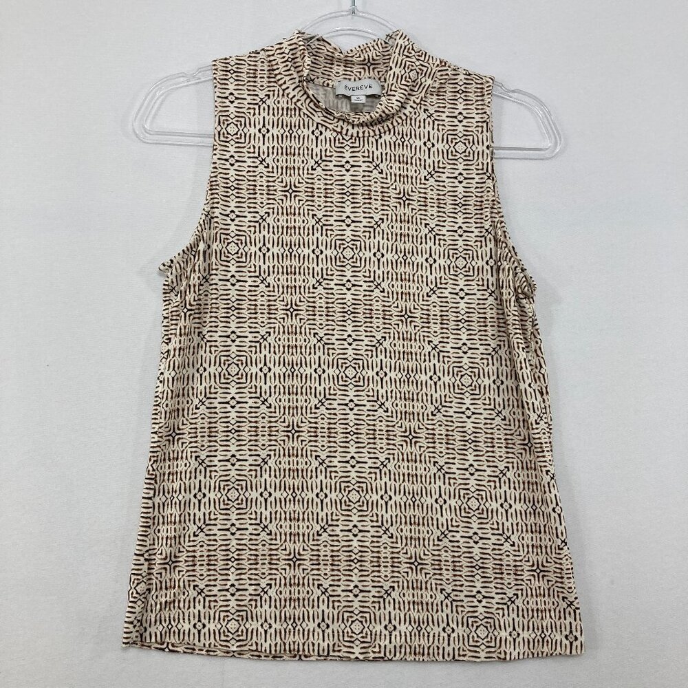 Evereve Medium Mock Neck Black Cream Geometric Sleeveless Stretch Top - Picture 3 of 9